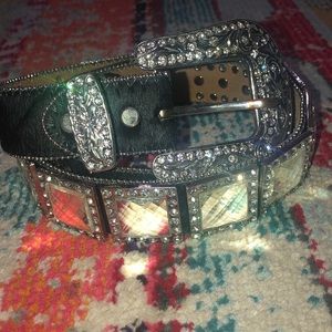 Black western leather hair on bling belt